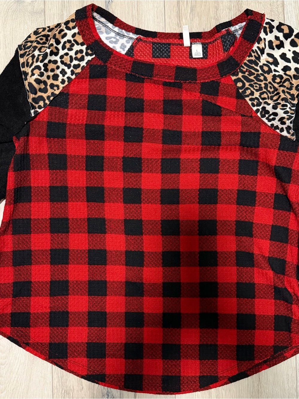 Cato Red and Black Buffalo Plaid Raglan Top with Leopard Shoulder Accents